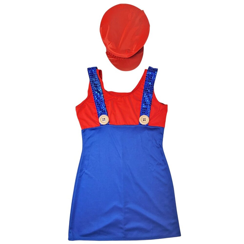 Sassy Mario Costume Dress with Suspenders and Sequin Hat